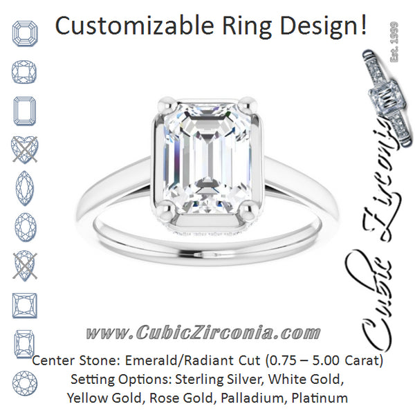 Cubic Zirconia Engagement Ring- The Romina Salomé (Customizable Super-Cathedral Emerald Cut Design with Hidden-stone Under-halo Trellis)