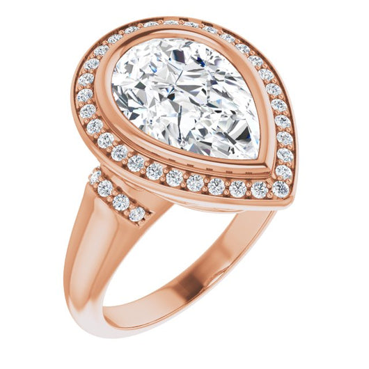 10K Rose Gold Customizable Bezel-set Pear Cut Design with Halo and Vertical Round Channel Accents