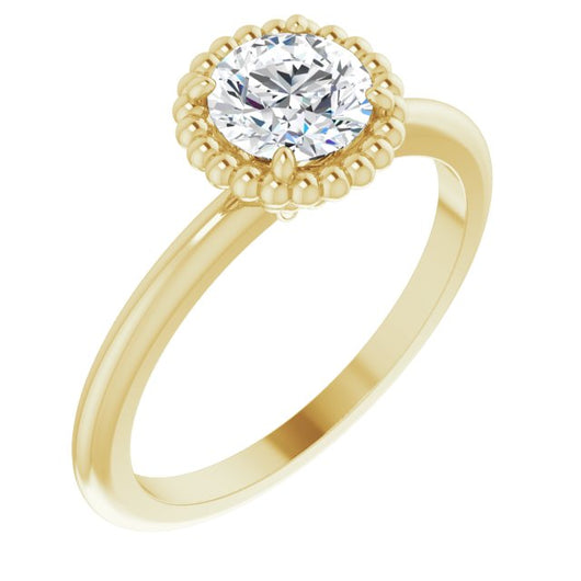 10K Yellow Gold Customizable Round Cut Solitaire with Beaded Metallic Milgrain