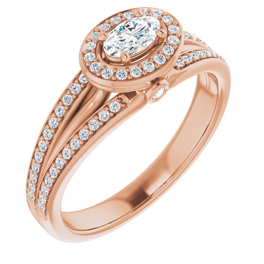 10K Rose Gold Customizable High-set Oval Cut Design with Halo, Wide Tri-Split Shared Prong Band and Round Bezel Peekaboo Accents