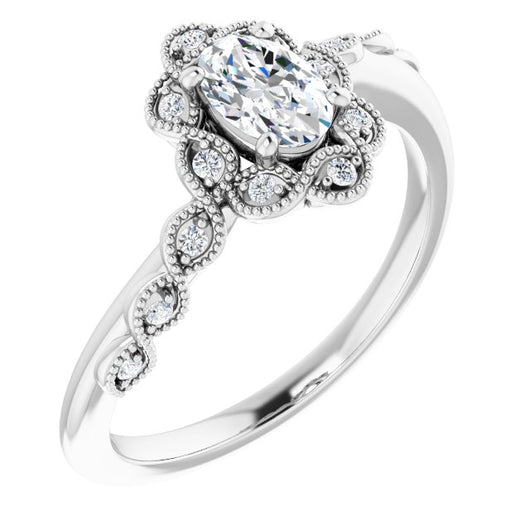 10K White Gold Customizable 3-stone Design with Oval Cut Center and Halo Enhancement