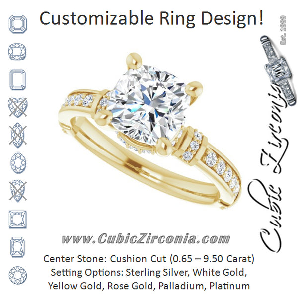 Cubic Zirconia Engagement Ring- The Ambrosia (Customizable Cushion Cut Style featuring Under-Halo, Shared Prong and Quad Horizontal Band Accents)