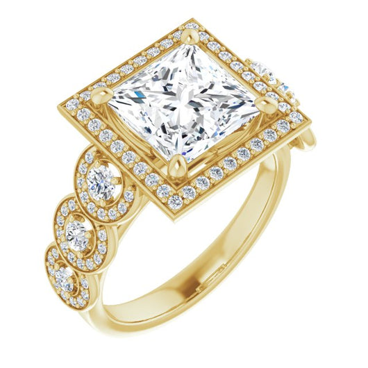 10K Yellow Gold Customizable Cathedral-set Princess/Square Cut 7-stone style Enhanced with 7 Halos