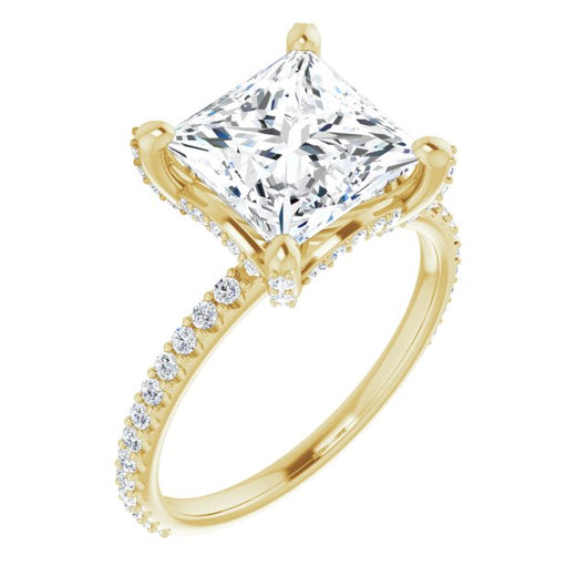 10K Yellow Gold Customizable Princess/Square Cut Design with Round-Accented Band, Micropav? Under-Halo and Decorative Prong Accents)