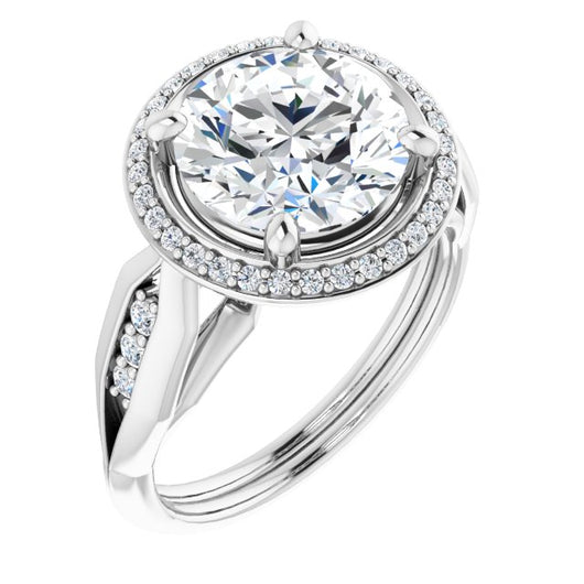 18K White Gold Customizable Cathedral-raised Round Cut Design with Halo and Tri-Cluster Band Accents