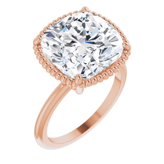 10K Rose Gold Customizable Cushion Cut Solitaire with Beaded Metallic Milgrain