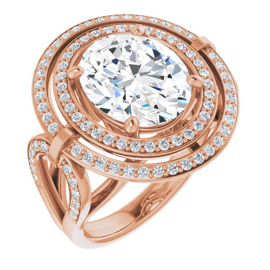 10K Rose Gold Customizable Cathedral-set Oval Cut Design with Double Halo & Accented Ultra-wide Horseshoe-inspired Split Band