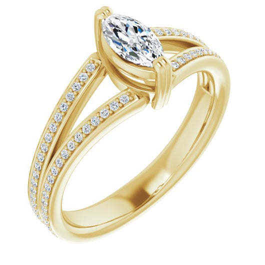 10K Yellow Gold Customizable Marquise Cut Center with 100-stone* "Waterfall" Pavé Split Band