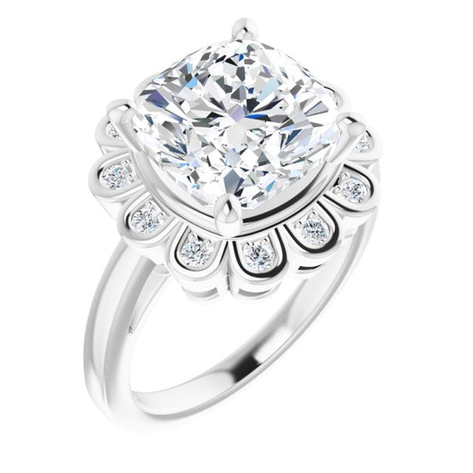 10K White Gold Customizable 9-stone Cushion Cut Design with Round Bezel Side Stones