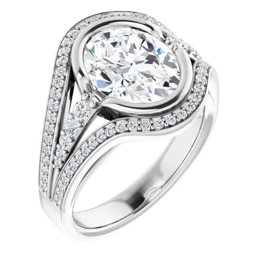 10K White Gold Customizable Cathedral-Bezel Oval Cut Design with Wide Triple-Split-Pavé Band