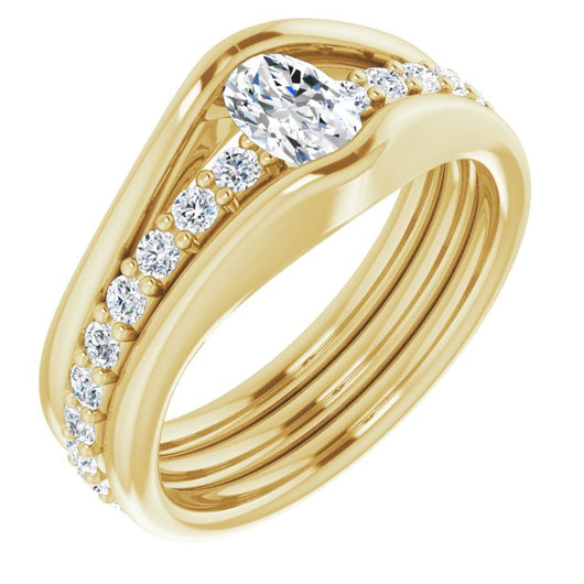 10K Yellow Gold Customizable Bezel-set Oval Cut Style with Thick Pavé Band