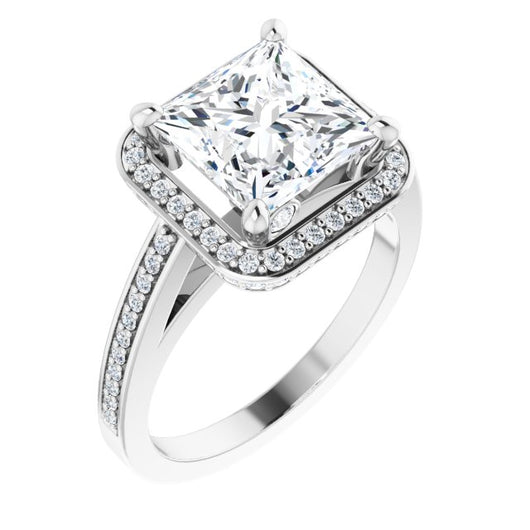 10K White Gold Customizable Cathedral-set Princess/Square Cut Design with Halo, Thin Pavé Band & Round-Bezel Peekaboos