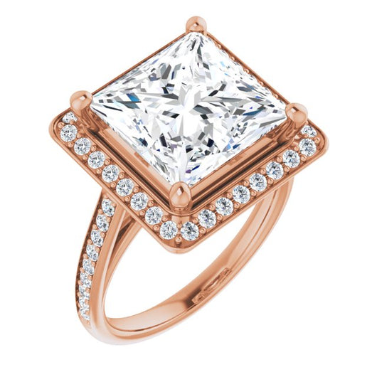 10K Rose Gold Customizable Cathedral-raised Princess/Square Cut Halo-and-Accented Band Design