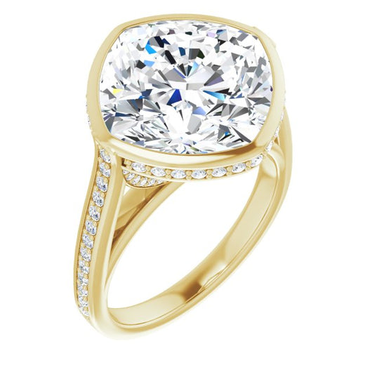 10K Yellow Gold Customizable Cathedral-Bezel Cushion Cut Design with Under Halo and Shared Prong Band