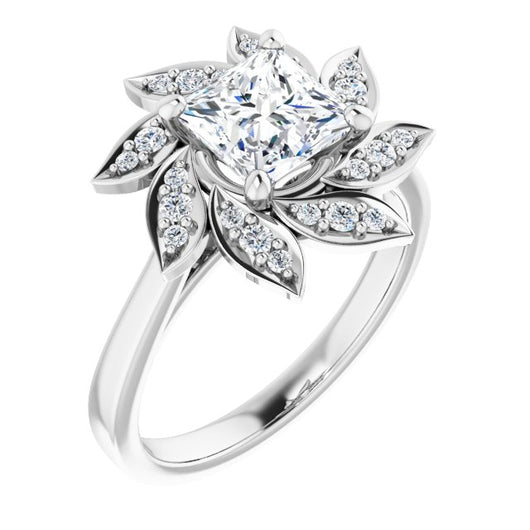 10K White Gold Customizable Princess/Square Cut Design with Artisan Floral Halo