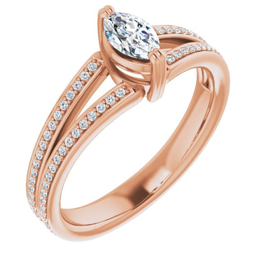 10K Rose Gold Customizable Marquise Cut Center with 100-stone* "Waterfall" Pavé Split Band