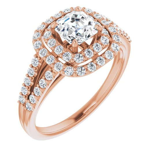 10K Rose Gold Customizable Asscher Cut Design with Double Halo and Wide Split-Pavé Band