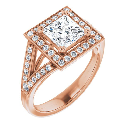 10K Rose Gold Customizable Cathedral-set Princess/Square Cut Style with Accented Split Band and Halo