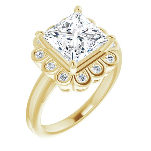 10K Yellow Gold Customizable 9-stone Princess/Square Cut Design with Round Bezel Side Stones