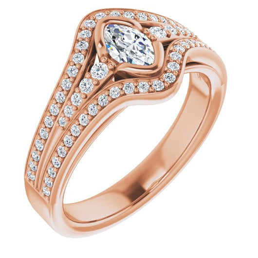 10K Rose Gold Customizable Cathedral-Bezel Marquise Cut Design with Wide Triple-Split-Pavé Band