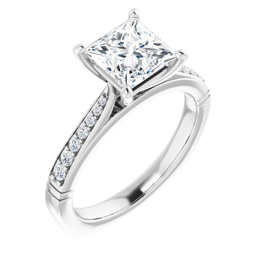 10K White Gold Customizable Princess/Square Cut Design with Tapered Euro Shank and Graduated Band Accents