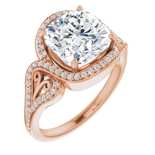 10K Rose Gold Customizable Cushion Cut Design with Bypass Halo and Split-Shared Prong Band