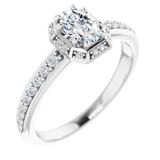 10K White Gold Customizable Oval Cut Design with Geometric Under-Halo and Shared Prong Band