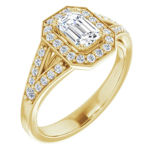 10K Yellow Gold Customizable Cathedral-set Emerald/Radiant Cut Style with Accented Split Band and Halo