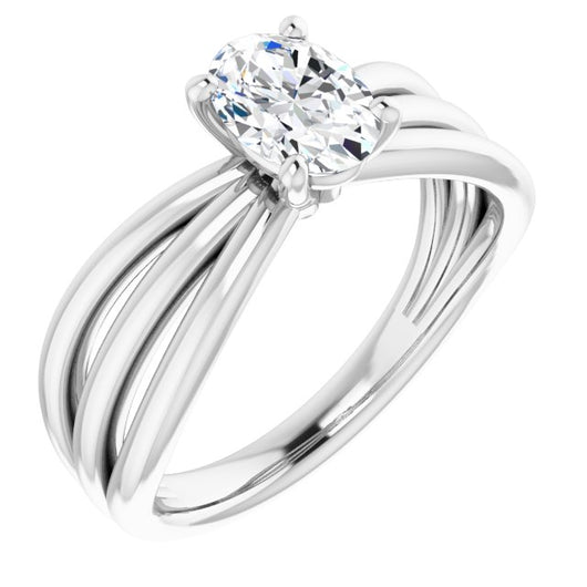 10K White Gold Customizable Oval Cut Solitaire Design with Wide, Ribboned Split-band