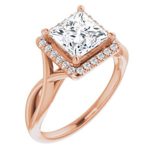 10K Rose Gold Customizable Cathedral-Halo Princess/Square Cut Design with Twisting Split Band