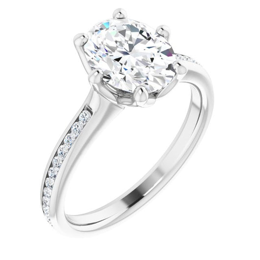 10K White Gold Customizable 6-prong Oval Cut Design with Round Channel Accents