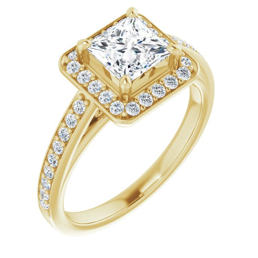 10K Yellow Gold Customizable Princess/Square Cut Style with Halo and Sculptural Trellis