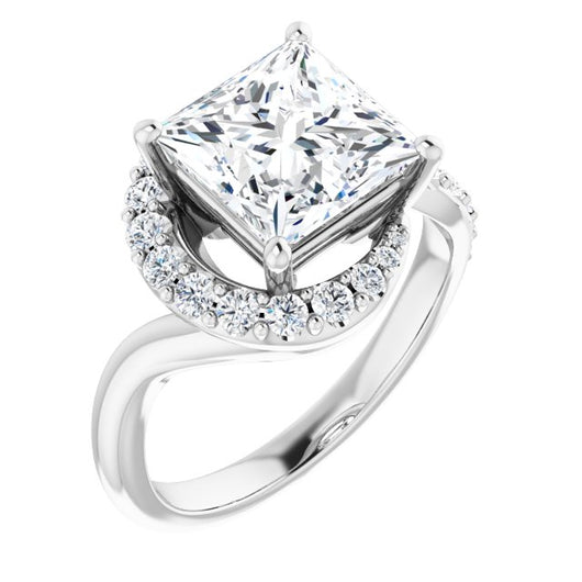 10K White Gold Customizable Princess/Square Cut Design with Swooping Pavé Bypass Band