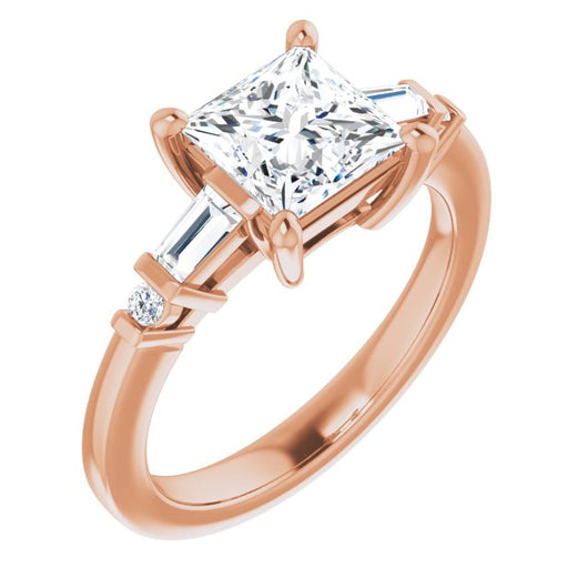 10K Rose Gold Customizable 5-stone Baguette+Round-Accented Princess/Square Cut Design)