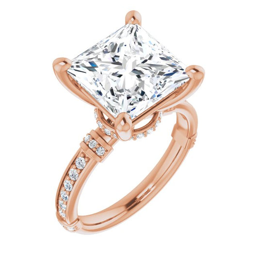 10K Rose Gold Customizable Princess/Square Cut Style featuring Under-Halo, Shared Prong and Quad Horizontal Band Accents