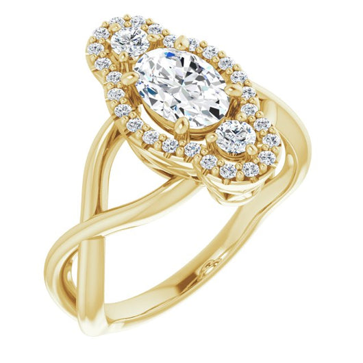 10K Yellow Gold Customizable Vertical 3-stone Oval Cut Design Enhanced with Multi-Halo Accents and Twisted Band