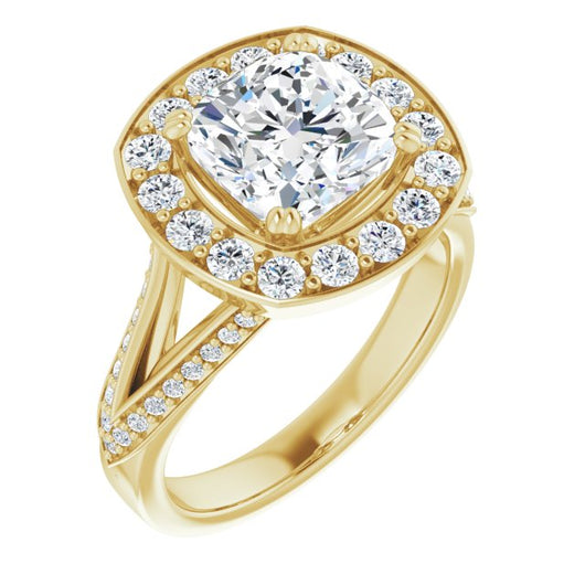 10K Yellow Gold Customizable Cushion Cut Center with Large-Accented Halo and Split Shared Prong Band