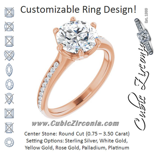 Cubic Zirconia Engagement Ring- The Alyssa Love (Customizable 6-prong Round Cut Design with Round Channel Accents)