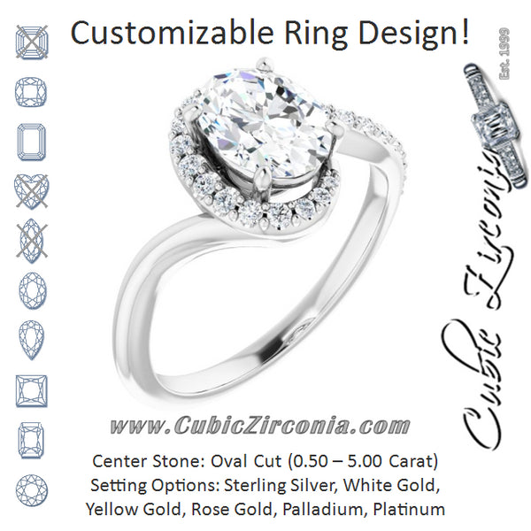 Cubic Zirconia Engagement Ring- The Phyllis (Customizable Oval Cut Design with Swooping Pavé Bypass Band)