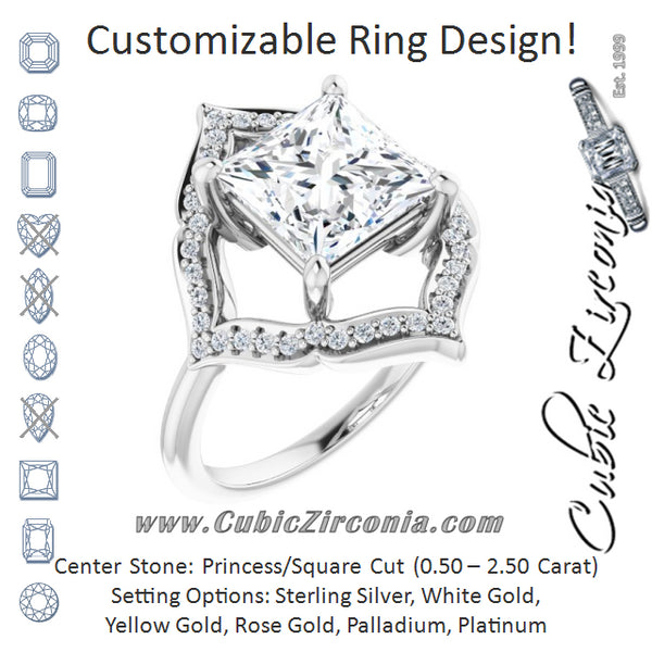 Cubic Zirconia Engagement Ring- The Casie Jean (Customizable Princess/Square Cut Style with Artistic Equilateral Halo and Ultra-thin Band)