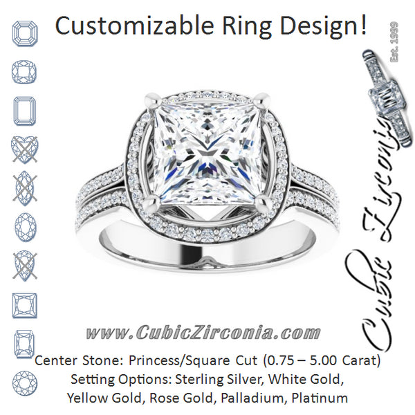 Cubic Zirconia Engagement Ring- The Dionne (Customizable Cathedral-raised Princess/Square Cut Setting with Halo and Shared Prong Band)