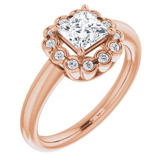 10K Rose Gold Customizable 13-stone Princess/Square Cut Design with Floral-Halo Round Bezel Accents