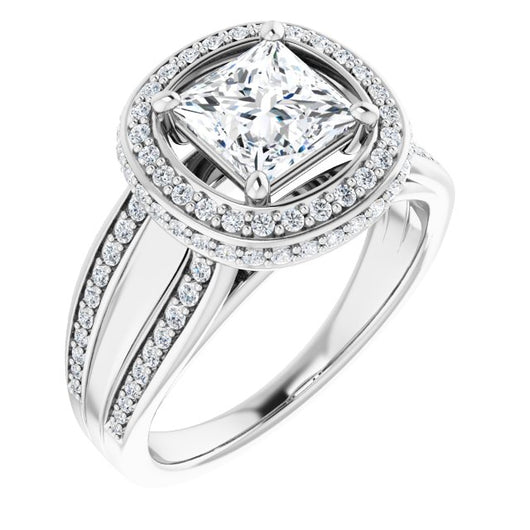 10K White Gold Customizable Halo-style Princess/Square Cut with Under-halo & Ultra-wide Band