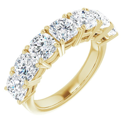 10K Yellow Gold Customizable 7-stone Cushion Cut Design with Large Round-Prong Side Stones