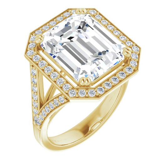 10K Yellow Gold Customizable Cathedral-set Emerald/Radiant Cut Style with Accented Split Band and Halo