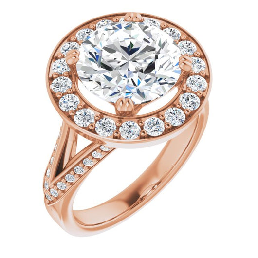 10K Rose Gold Customizable Round Cut Center with Large-Accented Halo and Split Shared Prong Band