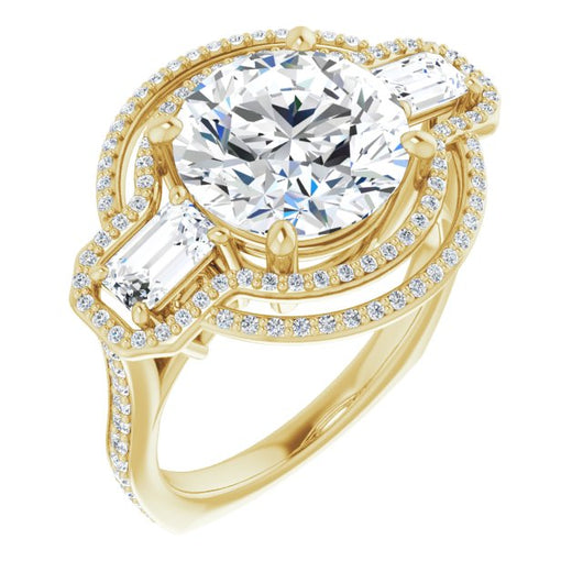 10K Yellow Gold Customizable Enhanced 3-stone Style with Round Cut Center, Emerald Cut Accents, Double Halo and Thin Shared Prong Band