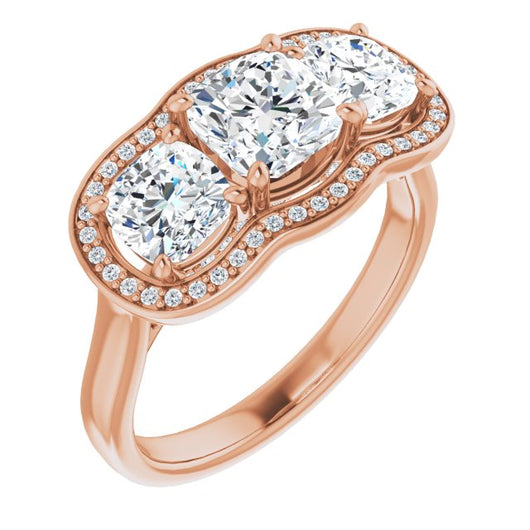 10K Rose Gold Customizable 3-stone Design with Cushion Cut Center, Cushion Side Stones, Triple Halo and Bridge Under-halo