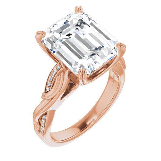 10K Rose Gold Customizable Cathedral-raised Emerald/Radiant Cut Design featuring Rope-Braided Half-Pavé Band