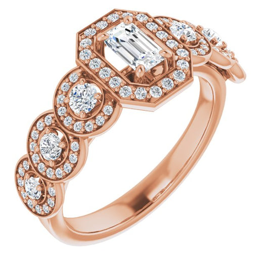 10K Rose Gold Customizable Cathedral-set Emerald/Radiant Cut 7-stone style Enhanced with 7 Halos